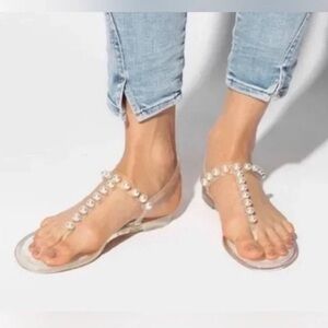 Stuart Weitzman Goldie Jelly Pearl T-Strap Sandal 38.5